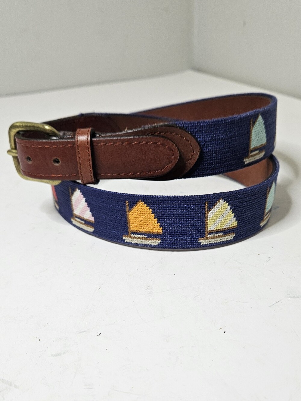 Smathers &⁸ Branson Needlepoint Belt Sailboats Navy Blue Multicolored Men's 38